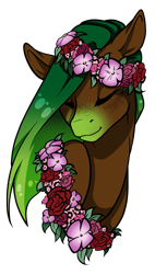 Size: 1413x2480 | Tagged: safe, artist:oneiria-fylakas, oc, oc only, pony, bust, eyes closed, female, floral head wreath, flower, freckles, mare, portrait, simple background, solo, transparent background