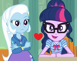 Size: 895x704 | Tagged: safe, edit, edited screencap, screencap, sci-twi, trixie, twilight sparkle, a little birdie told me, equestria girls, g4, my little pony equestria girls: better together, the finals countdown, female, geode of telekinesis, lesbian, magical geodes, ship:sci-twixie, ship:twixie, shipping, shipping domino