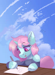 Size: 2750x3750 | Tagged: safe, artist:ardail, oc, oc only, oc:scoops, pony, unicorn, cloud, drawing, female, freckles, high res, mare, markings, solo, table, tongue out, unshorn fetlocks