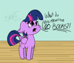 Size: 1248x1072 | Tagged: safe, ai assisted, ai content, artist:binkyt11, fifteen.ai, twilight sparkle, alicorn, pony, g4, aivo, animated, avo, book, bookhorse, cute, dialogue, female, floppy ears, looking up, mare, open mouth, signature, solo, sound, speech bubble, that pony sure does love books, twiabetes, twilight fuel, twilight sparkle (alicorn), webm