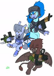 Size: 1451x2048 | Tagged: safe, alternate version, artist:omegapony16, oc, oc only, oc:oriponi, bat pony, hippogriff, pony, armor, bat pony oc, bat wings, bayonet, colored, ear piercing, earring, female, gun, hippogriff oc, hoof hold, jewelry, mare, piercing, signature, simple background, soldier, weapon, white background, wings