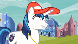 Size: 800x450 | Tagged: safe, screencap, shining armor, pony, unicorn, g4, games ponies play, animated, crystal empire, hat, laughing