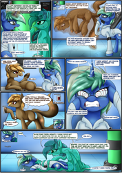 Size: 2893x4092 | Tagged: safe, artist:novaspark, oc, oc only, oc:mocha glaze, oc:morpha, oc:nova spark, earth pony, goo, goo pony, monster pony, original species, pony, tatzlpony, comic:working for a mad mare, :t, angry, bags under eyes, clothes, comic, cross-popping veins, dialogue, double tail, ear fluff, ears back, earth pony oc, eye contact, eyes closed, fangs, female, floppy ears, furious, glasses, glowing, glowing horn, gritted teeth, high res, hooves, horn, indoors, lab coat, lidded eyes, looking at each other, looking at someone, lying down, magic, male, multiple tails, onomatopoeia, open mouth, open smile, prone, raised hoof, shading, signature, slime, smiling, speech bubble, stallion, swirly eyes, tail, teeth, telekinesis, thinking, thought bubble, tired, unshorn fetlocks, wall of tags, wavy mouth