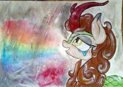 Size: 1842x1304 | Tagged: safe, artist:mysteriousshine, autumn blaze, kirin, g4, abstract background, crying, curved horn, eyelashes, female, horn, looking up, makeup, rain, rainbow, smiling, solo, traditional art