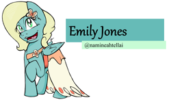 Size: 3592x2104 | Tagged: safe, artist:lucas_gaxiola, oc, oc only, oc:emily jones, pegasus, pony, clothes, dress, eyelashes, female, flower, flower in hair, high res, mare, open mouth, pegasus oc, raised hoof, signature, smiling, solo, text, wings