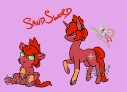 Size: 1100x800 | Tagged: safe, artist:lavvythejackalope, oc, oc only, pony, unicorn, :o, baby, baby pony, duo, eyes closed, horn, open mouth, raised hoof, reference sheet, simple background, sitting, text, throwing star, underhoof, unicorn oc