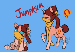 Size: 1000x700 | Tagged: safe, artist:lavvythejackalope, oc, oc only, oc:jump kick, pony, unicorn, :o, baby, baby pony, bow, clothes, duo, eyes closed, hair bow, horn, open mouth, raised hoof, reference sheet, scarf, simple background, sitting, text, underhoof, unicorn oc