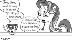 Size: 1200x675 | Tagged: safe, artist:pony-berserker, starlight glimmer, trixie, pony, unicorn, pony-berserker's twitter sketches, g4, black and white, cup, dialogue, duo, female, grayscale, halftone, inanimate tf, mare, monochrome, objectification, offset, pickle rick, rick and morty, simple background, speech bubble, starlight glimmer is not amused, teacup, teacupified, that pony sure does love teacups, transformation, trixie being trixie, trixie teacup, unamused, white background