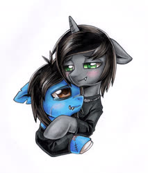 Size: 1417x1660 | Tagged: safe, artist:ailish, pony, undead, unicorn, zombie, zombie pony, bloodshot eyes, blushing, bone, bring me the horizon, bust, clothes, colored pupils, commission, crying, disguise, disguised siren, fangs, floppy ears, gay, horn, hug, jewelry, kellin quinn, lip piercing, male, necklace, oliver sykes, piercing, ponified, scar, shirt, simple background, sleeping with sirens, slit pupils, stallion, stitches, t-shirt, tattoo, torn ear, traditional art, white background, ych result