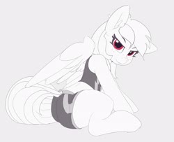 Size: 4096x3331 | Tagged: safe, artist:pabbley, rainbow dash, pegasus, pony, g4, bra, clothes, ear fluff, female, gray background, lidded eyes, looking at you, mare, monochrome, partial color, shorts, simple background, sitting, smiling, solo, sports bra, sports shorts, underwear, workout outfit