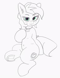 Size: 2759x3561 | Tagged: safe, artist:pabbley, high tide (g4), earth pony, pony, g4, belly button, ear fluff, female, frog (hoof), high res, jewelry, lidded eyes, looking at you, mare, monochrome, necklace, partial color, raised hoof, sitting, smiling, solo, underhoof