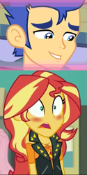 Size: 281x562 | Tagged: safe, edit, edited screencap, screencap, flash sentry, sunset shimmer, equestria girls, equestria girls specials, g4, my little pony equestria girls, my little pony equestria girls: better together, my little pony equestria girls: forgotten friendship, blushing, female, male, ship:flashimmer, shipping, shipping domino, smiling, straight