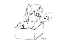 Size: 1730x1223 | Tagged: safe, artist:cityflyer502, oc, oc only, oc:blue moon, pony, unicorn, black and white, box, female, filly, grayscale, happy, monochrome, pony in a box, singing, sketch, smiling, solo
