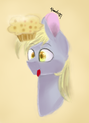 Size: 650x902 | Tagged: safe, artist:constanta-bucharei, derpy hooves, pegasus, pony, g4, bust, cute, derpabetes, female, food, mare, muffin, solo, tongue out