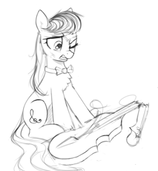 Size: 792x858 | Tagged: safe, artist:some_ponu, octavia melody, earth pony, pony, g4, black and white, bowtie, broken, cello, chest fluff, female, grayscale, gritted teeth, mare, monochrome, musical instrument, one eye closed, sitting, sketch, solo