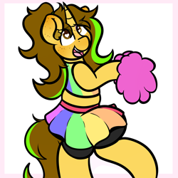 Size: 2500x2500 | Tagged: safe, artist:theawkwarddork, oc, oc only, oc:awkward dork, pony, unicorn, semi-anthro, blushing, cheerleader, cheerleader outfit, clothes, crossdressing, ear fluff, femboy, freckles, heart eyes, high res, makeup, male, open mouth, pom pom, pride, simple background, smiling, solo, white background, wingding eyes