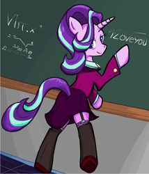 Size: 1009x1177 | Tagged: safe, artist:sallycars, starlight glimmer, pony, unicorn, g4, bipedal, chalkboard, clothes, female, garter belt, garters, headmare starlight, hidden message, i love you, looking back, mare, ms paint, older, older starlight glimmer, skirt, skirt lift, skirt suit, smiling, solo, stockings, stupid sexy starlight glimmer, suit, teacher, thigh highs, upskirt