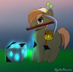 Size: 1997x1957 | Tagged: safe, artist:spider_bunnie, button mash, pony, g4, colt, cute, diamond, fanart, foal, glowing, hat, male, minecraft, pickaxe, propeller hat, simple background, simple shading, solo