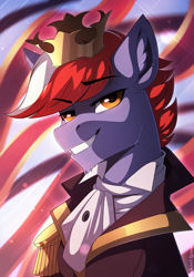 Size: 1200x1711 | Tagged: safe, artist:redchetgreen, oc, oc only, pony, bust, clothes, crown, cute, handsome, jewelry, looking at you, male, regalia, solo