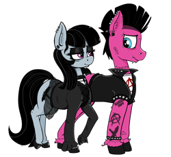 Size: 3876x3543 | Tagged: safe, artist:paskanaakka, derpibooru exclusive, oc, oc only, oc:goth lass, oc:punk dude, earth pony, pony, anarchy, bags under eyes, bridge piercing, choker, clothes, commission, duo, dyed mane, dyed tail, ear fluff, ear piercing, earring, eyebrow piercing, eyeliner, eyeshadow, father, female, frown, gauges, gem, goth, high res, husband and wife, jacket, jewelry, leather jacket, lidded eyes, lip piercing, long sleeves, looking at each other, makeup, male, mare, miniskirt, mohawk, mother, nose piercing, piercing, punk, safety pin, shipping, shirt, simple background, skirt, sleeveless, smiling, snake bites, stallion, standing, straight, studded bracelet, t-shirt, tail band, tattoo, transparent background, transparent skirt, undershirt, unshorn fetlocks