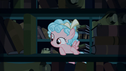 Size: 1920x1080 | Tagged: safe, screencap, cozy glow, pegasus, pony, g4, the summer sun setback, book, bookshelf, canterlot library, cozybetes, curly hair, cute, evil planning in progress, female, filly, flying, foal, freckles, hair bow, intruder, library, looking at something, scroll, searching, sin of greed, sneaking, solo, spread wings