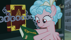 Size: 1920x1080 | Tagged: safe, screencap, cozy glow, pony, g4, the summer sun setback, book, bookshelf, canterlot, canterlot library, chains, cozybetes, cute, female, flying, hoof hold, library, scroll, smiling, solo
