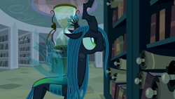 Size: 1920x1080 | Tagged: safe, screencap, queen chrysalis, changeling, g4, the summer sun setback, book, bookshelf, canterlot, canterlot library, crown, evil planning in progress, female, former queen chrysalis, frown, hourglass, insect wings, intruder, jewelry, library, regalia, scroll, searching, side view, sin of greed, solo, spread wings, wings