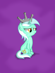 Size: 3024x4032 | Tagged: safe, artist:background basset, derpibooru exclusive, lyra heartstrings, pony, unicorn, g4, crown, female, frown, jewelry, lyra is not amused, paper crown, purple background, regalia, simple background, sitting, solo, unamused, wavy mouth