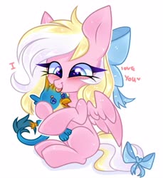 Size: 3640x3976 | Tagged: safe, artist:pesty_skillengton, gallus, oc, oc:bay breeze, pegasus, pony, g4, blushing, bow, chibi, cute, female, frmale, hair bow, heart eyes, high res, mare, missing cutie mark, plushie, simple background, tail bow, tongue out, white background, wingding eyes