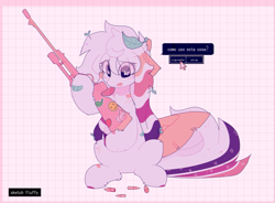 Size: 1952x1440 | Tagged: dead source, safe, artist:php146, oc, oc:sketch fluffy, pegasus, pony, bandaid, bolt-action rifle, candy, chest fluff, eye clipping through hair, female, food, gun, heart, leaf, mouse cursor, plant, rifle, smiling, sniper rifle, spanish, speech bubble, weapon, wingding eyes