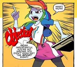 Size: 368x323 | Tagged: safe, artist:adamenvelope, artist:pencils, edit, idw, rainbow dash, equestria girls, g4, spoiler:comic, spoiler:comicequestriagirlsmarchradness, ace attorney, objection, phoenix wright, reference