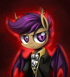 Size: 2000x2200 | Tagged: safe, artist:ce2438, scootaloo, bat pony, pony, g4, alucard, alucard (castlevania), bat ponified, bust, castlevania, castlevania: symphony of the night, clothes, crossover, cute, female, filly, high res, looking at you, portrait, scootabat, slit pupils, smiling, solo