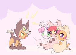Size: 500x357 | Tagged: safe, artist:kkmrarar, apple bloom, babs seed, scootaloo, sweetie belle, earth pony, pegasus, pony, unicorn, g4, one bad apple, adorababs, adorabloom, animal costume, animal onesie, babs seed song, big babs wolf, clothes, costume, cute, cutealoo, cutie mark crusaders, diasweetes, female, filly, kigurumi, onesie, pig costume, three little pigs, wolf costume