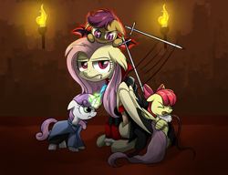Size: 2600x2000 | Tagged: safe, artist:ce2438, apple bloom, fluttershy, scootaloo, sweetie belle, bat pony, earth pony, pegasus, pony, unicorn, vampire, g4, stare master, alucard, alucard (castlevania), annoyed, bat ponified, castle, castlevania, crossover, cute, cutie mark crusaders, dracula, female, filly, flutterbat, fluttershy is not amused, glowing horn, high res, horn, mare, mouth hold, race swap, red eyes, scootabat, sword, sypha belnades, torch, trevor belmont, unamused, weapon, whip