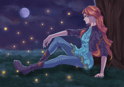 Size: 5847x4133 | Tagged: safe, artist:jatewg, sunset shimmer, firefly (insect), insect, equestria girls, g4, absurd resolution, female, moon, night, solo, tree