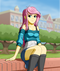 Size: 1650x1961 | Tagged: safe, artist:cluvry, fluttershy, human, equestria girls, g4, breasts, building, busty fluttershy, clothes, female, grass, park, schrödinger's pantsu, sitting, smiling, solo, tree