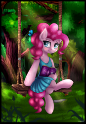 Size: 1183x1700 | Tagged: safe, artist:kruszynka25, pinkie pie, butterfly, earth pony, semi-anthro, g4, arm hooves, book, clothes, crepuscular rays, crossed legs, digital art, dress, female, forest, happy, mare, solo, swing