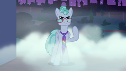 Size: 1920x1080 | Tagged: safe, screencap, feather flatterfly, pegasus, pony, g4, the summer sun setback, canterlot, determined, fog, folded wings, front view, glasses, male, necktie, night, raised hoof, solo, stallion, wavy mouth, wings