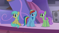 Size: 1920x1080 | Tagged: safe, screencap, merry may, rainbow dash, sunshower raindrops, pegasus, pony, g4, the summer sun setback, background pony, canterlot, determined look, female, folded wings, grin, looking at someone, night, sitting, smiling, speaker, wings