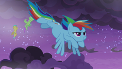 Size: 1920x1080 | Tagged: safe, screencap, merry may, rainbow dash, sunshower raindrops, pegasus, pony, g4, the summer sun setback, cloud, determined look, female, flying, grin, night, smiling, spread wings, wings