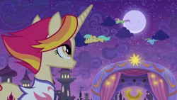 Size: 1920x1080 | Tagged: safe, screencap, fire flare, merry may, rainbow dash, sunshower raindrops, pegasus, pony, unicorn, g4, the summer sun setback, background pony, canterlot, castle, cloud, female, flying, grin, looking up, mare, moon, night, slender, smiling, stage, thin