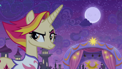 Size: 1920x1080 | Tagged: safe, screencap, fire flare, pony, unicorn, g4, the summer sun setback, canterlot, castle, clothes, cloud, cute, determined, dreamworks face, female, grin, looking back, night, slender, smiling, solo, stage, thin, vest