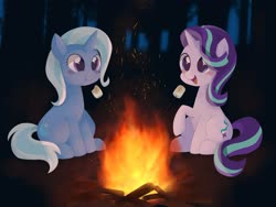 Size: 2048x1537 | Tagged: dead source, safe, artist:ginmaruxx, starlight glimmer, trixie, pony, unicorn, g4, :t, blushing, campfire, cute, diatrixes, duo, eating, female, food, forest, forest background, glimmerbetes, magic, mare, marshmallow, open mouth, puffy cheeks, raised hoof, roasting, sitting, smiling