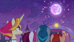 Size: 1920x1080 | Tagged: safe, screencap, cayenne, fire flare, hot streak, night fire, pony, unicorn, g4, the summer sun setback, canterlot, female, grin, looking up, male, mare, moon, night, slender, smiling, sparkles, stage, stallion, thin