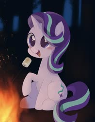 Size: 930x1186 | Tagged: dead source, safe, alternate version, artist:ginmaruxx, starlight glimmer, pony, unicorn, g4, blushing, campfire, cute, female, food, glimmerbetes, mare, marshmallow, open mouth, raised hoof, sitting, smiling, solo