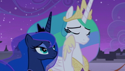Size: 1920x1080 | Tagged: safe, screencap, princess celestia, princess luna, alicorn, pony, g4, the summer sun setback, canterlot, crown, crying, duo, duo female, ethereal mane, eyes closed, eyeshadow, female, flowing mane, folded wings, grin, hoof shoes, jewelry, lidded eyes, makeup, mare, multicolored mane, night, regalia, royal sisters, siblings, sisters, smiling, tears of joy