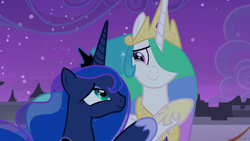 Size: 1920x1080 | Tagged: safe, screencap, princess celestia, princess luna, alicorn, pony, g4, the summer sun setback, canterlot, crown, crying, duo, duo female, female, grin, jewelry, looking at each other, night, proud, regalia, siblings, sisters, smiling, tears of joy, teary eyes
