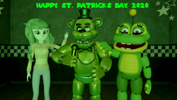 Size: 3840x2160 | Tagged: safe, artist:optimussparkle, wallflower blush, frog, human, equestria girls, g4, 3d, barely eqg related, crossover, five nights at freddy's, freddy fazbear, freddy fazbear's pizzeria simulator, happy frog, happy st. patrick's day, high res, holiday, saint patrick's day, shamrock, shamrock freddy, source filmmaker