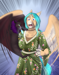 Size: 3274x4156 | Tagged: safe, artist:blackblood-queen, oc, oc only, oc:dewberry, oc:willow breeze, bat, pegasus, anthro, anthro oc, clothes, crying, digital art, female, freckles, grandmother, jewelry, mare, necklace, story in the source, surprised