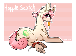 Size: 3148x2336 | Tagged: safe, artist:sherochan, oc, oc only, oc:hopple scotch, earth pony, pony, backwards cutie mark, chains, chest fluff, ear fluff, eye clipping through hair, female, food, frog (hoof), high res, hooves, ice cream, looking at you, looking back, looking back at you, lying down, mare, simple background, smiling, solo, underhoof, ych result